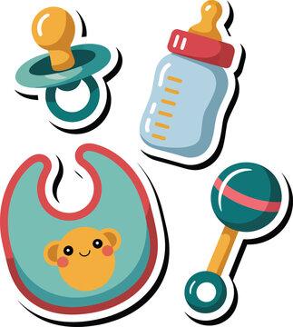 Colorful baby feeding and care accessories including bib pacifier bottle and teether for nursery decor