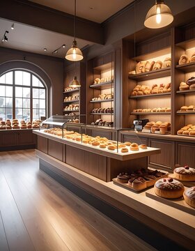 A bakery interior with a display case and shelves of bread and pastries