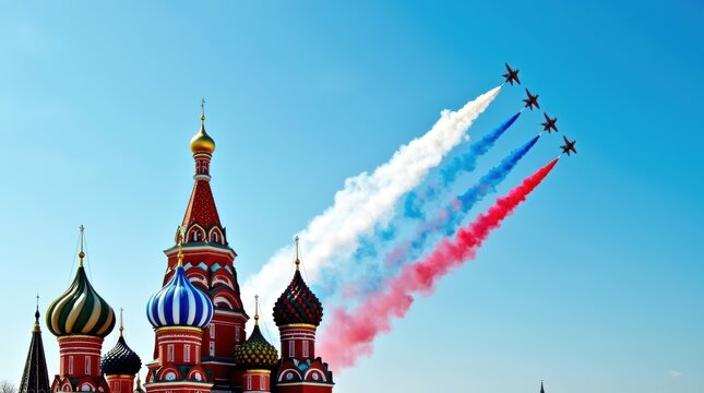 Military jets flying over Saint Basil Cathedral in Moscow with red white and blue smoke trails in the blue summer sky