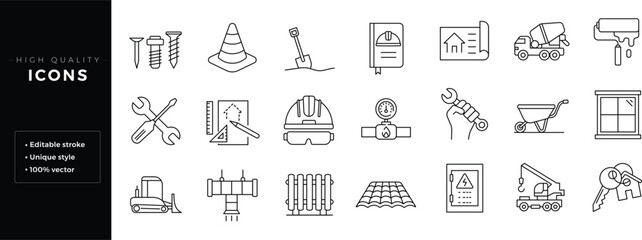 Fototapeta premium Set of building and construction simple line isolated icon. Editable Stroke.