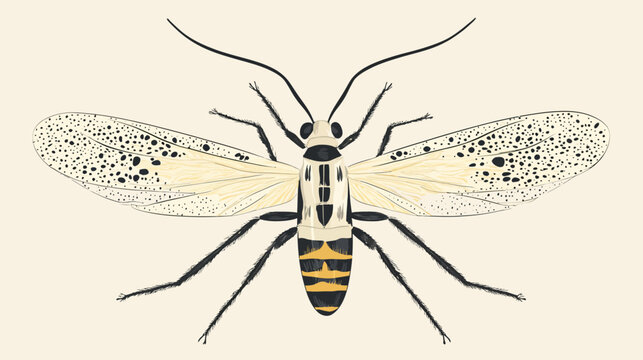 An insect with elongated black antennae and Dalmatian-patterned wings featuring beige and black spots