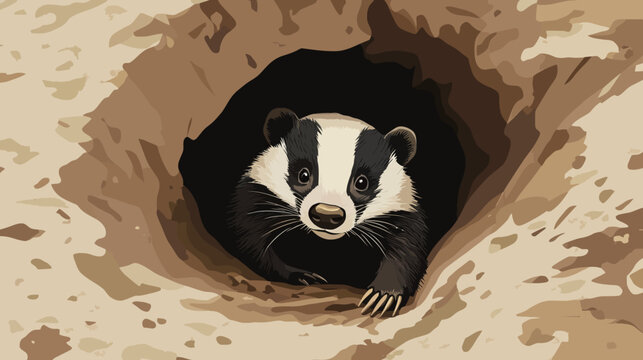 Badger emerging from earthy burrow, muted tones, detailed fur, paws, whiskers, serene daytime scene
