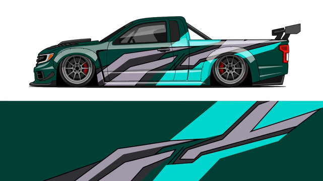 Graphic illustration of a teal and gray sports car with dynamic decals and spoiler.