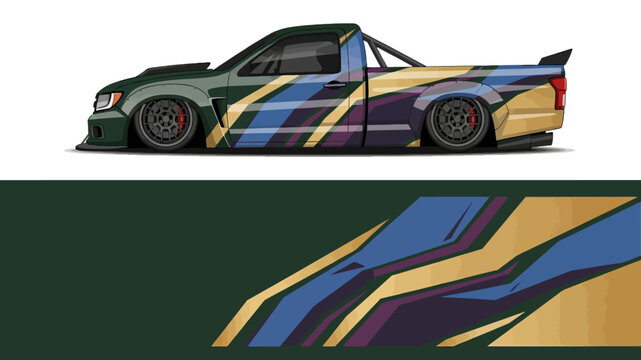 Stylized race car with bold geometric decals and racing livery in a dynamic illustration.