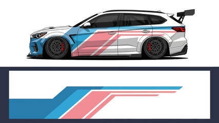 Naklejka premium Sleek racecar side profile with bold blue and red livery in studio illustration.