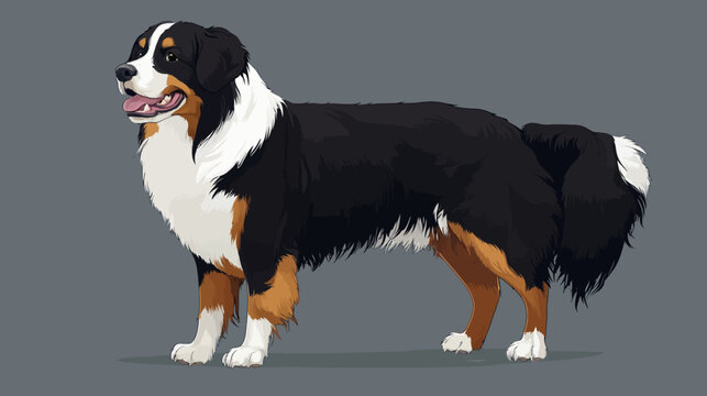 Bernese Mountain Dog in digital art style with black, white, and brown coat, standing on solid gray background