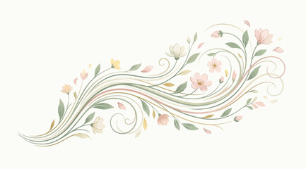 Fototapeta premium Elegant floral swirl illustration with soft pastel flowers and leaves, delicate botanical design element