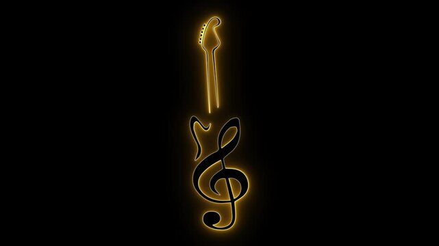Glowing guitar. Treble clef. Music art. Neon illustration. Gold line art. Electric guitar. Music logo. Abstract music. Dark background. Creative design.