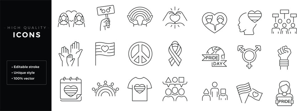Set of line icons related to pride month, pride parade, lgbt, diversity inclusion, diversity. Editable stroke. Outline icon.