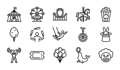 Carnival Icons Set: Circus Tent, Ferris Wheel, Roller Coaster, Carousel Horse, Popcorn, Cotton Candy, Juggler, Swing, Unicycle, Rabbit, Strongman, Ticket, Balloons, Seal, Clown Face © MD