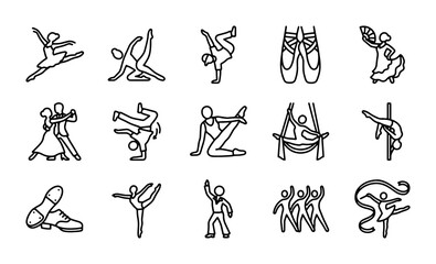 Dance and Movement Icons Set: Ballet, Yoga, Acrobatics, Aerial Silks, Pole Dance, Breakdance, Ballroom © MD