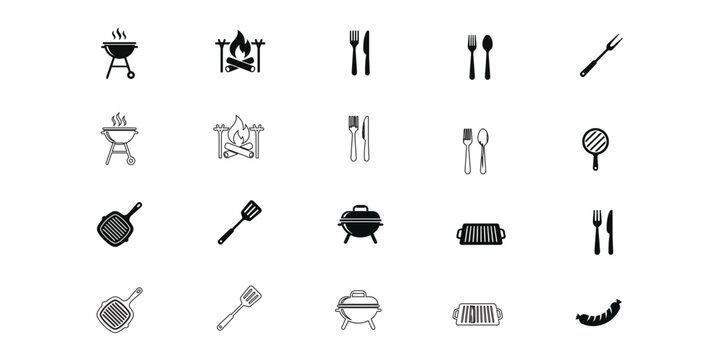 Barbecue and grilling icon set black and white vector graphics
