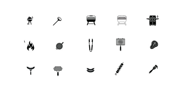 Barbecue icons set grills tools and meat for summer cooking