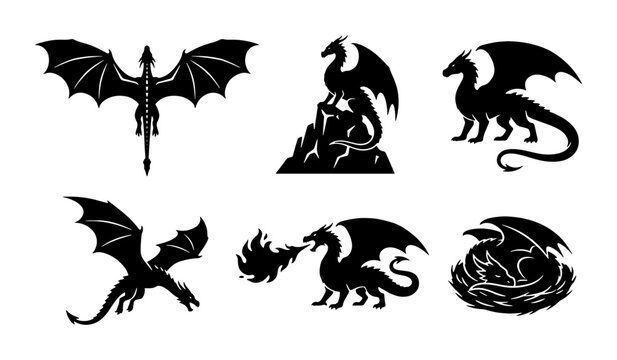 Mythical Dragon Silhouettes, Fantasy Creature Icons, Fierce Beast Vector Set, Medieval Legend Art