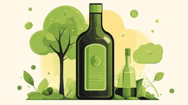 Flat green olive oil bottles and foliage, harmonious natural elements on beige