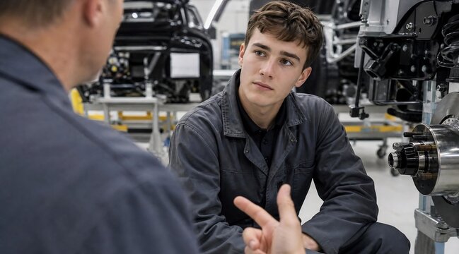Apprentice mechanic learning from mentor in automotive factory