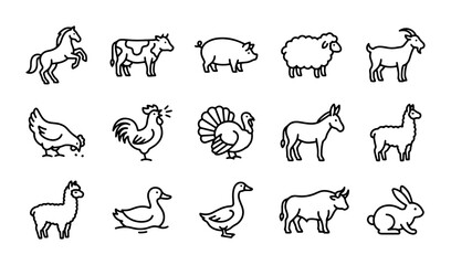 Fototapeta premium Farm Animals Vector Icons Set: Livestock, Poultry, Pets, Barnyard Creatures Collection