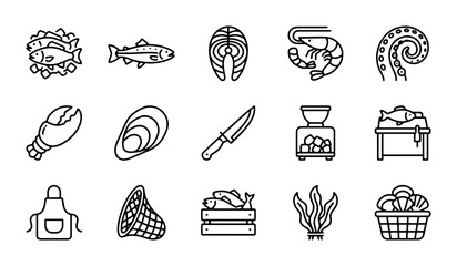 Seafood Icons Vector Set: Fish, Shrimp, Lobster, Octopus, Knife, Net, Apron, Food Preparation © Arif