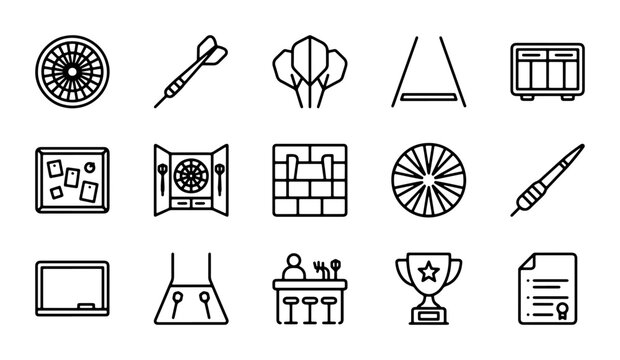 Darts Game Icons Set, Sports Bar Equipment, Tournament Trophy, Vector Graphics Collection