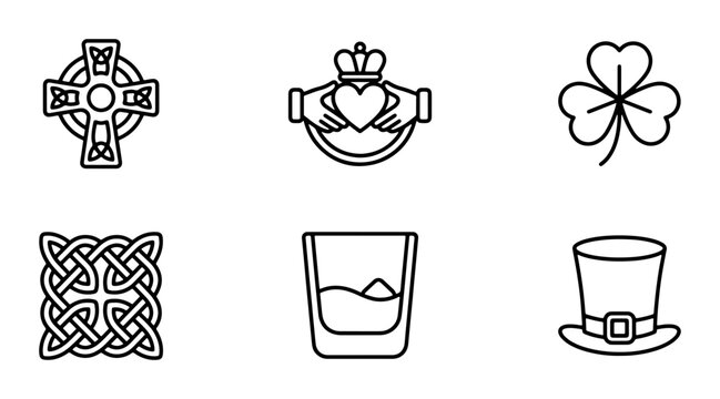 Irish Symbols Vector Icons: Celtic Cross, Claddagh, Shamrock, Knot, Hat, Drink