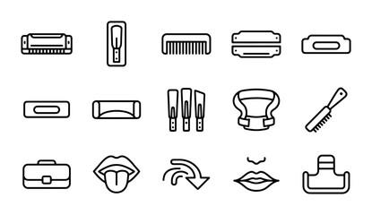 Fototapeta premium Harmonica Icons, Comb, Lipstick, Mouth, Lips, Tongue, Briefcase, Comb, Vector Set