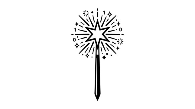Digital Magic Wand with Binary Code and Glowing Star Icon, Symbol for Software Development and Technology Innovation Vector Illustration