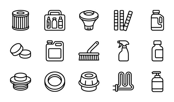 Pool Maintenance Icons: Cleaning, Repair, and Chemical Supplies for Water Care