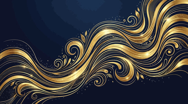 Luxurious golden flowing waves with sparkles on dark blue background, elegant abstract design