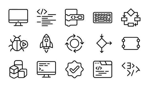 Coding Icons Set, Software Development & Programming Vector Graphics, Technology & Data Flow Symbols