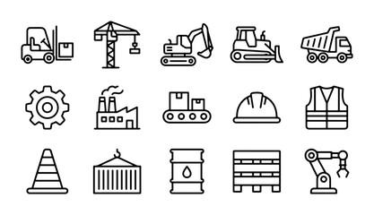 Construction Industry Icons Set: Heavy Machinery, Safety Gear, and Logistics Elements © Ahmed
