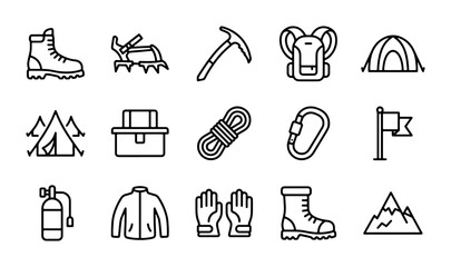 Fototapeta premium Mountain Climbing Icons Set, Adventure Gear Vector Graphics, Outdoor Sports Equipment Collection