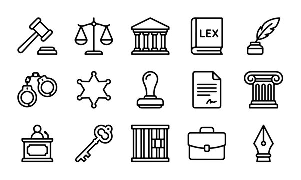 Legal Icons Set: Justice, Law, Courtroom Symbols, Gavel, Scales, Lex Book, Handcuffs