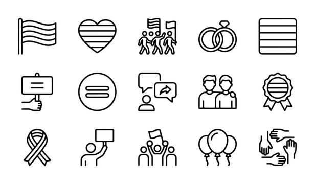 LGBTQ+ Pride Icons Set: Equality, Love, Celebration, and Support Symbols
