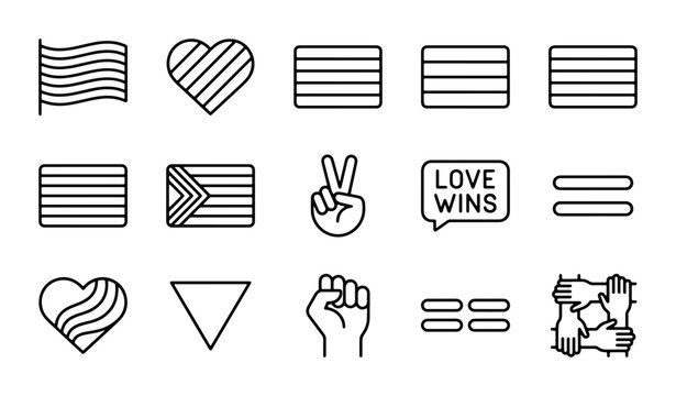LGBTQ+ Pride Icons Set: Rainbow Flags, Hearts, Equality Symbols, Love Wins, Diverse Representation