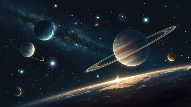 Space illustration with ringed planets, moons and stars against dark outer space background for astronomy and universe theme's