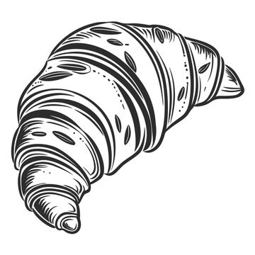 Hand-drawn black and white illustration of a flaky layered croissant pastry isolated on white background