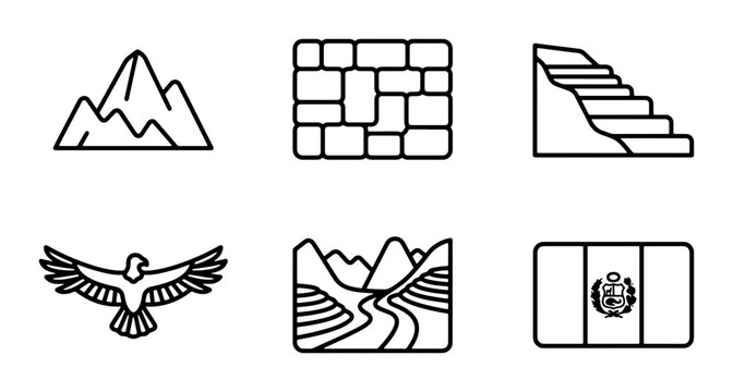 Mountain Landscape Icons, Terraced Fields, Eagle, Stone Wall, Stairs, Peru Flag Vector Set