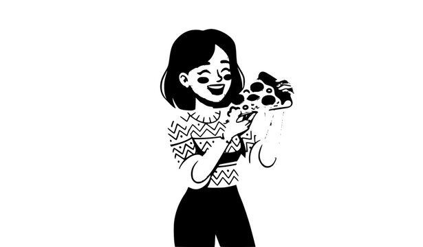 Hungry Woman with Pizza Slice Flat Vector Illustration Food and Fast Food Concept