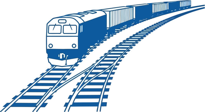 A freight train travels along parallel railway tracks, symbolizing transportation and logistics in a clean, graphic style