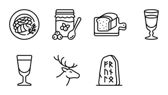 Nordic Food, Drink, and Culture Icons: Scandinavian Meal, Jam Jar, Bread, Reindeer, Rune Stone