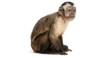 Naklejka premium A brown capuchin monkey with a distinctive white crown sits calmly in a pristine studio setting, isolated against a pure white background, showcasing its intelligent and curious expression