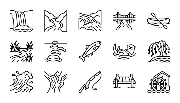 Nature Icons Set: Waterfalls, Rivers, Bridges, Canoes, Fish, Otters, Trees, Fishing, Docks, Waterwheels