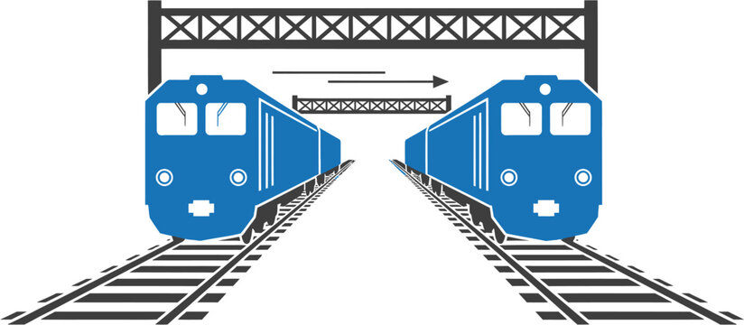 Dynamic illustration of two blue trains traveling on separate, parallel railway tracks, converging under an overhead bridge, symbolizing modern rail transport infrastructure and efficient connectivity