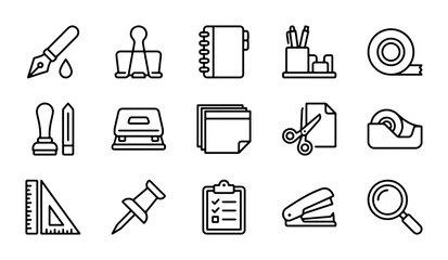 Fototapeta premium Office Supplies Icons Set, Stationery Vector Graphics, Business Tools Collection, School Supplies