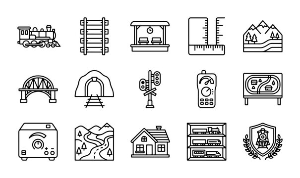 Train Set Icons, Railway Elements, Transportation Graphics, Vector Collection