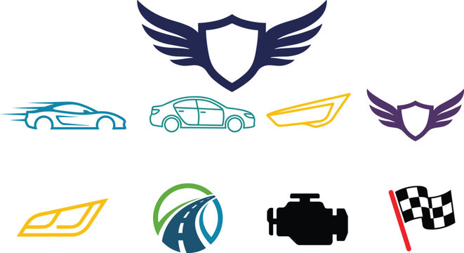 Automotive emblems and icons with wings shields cars headlights road and checkered flag for branding
