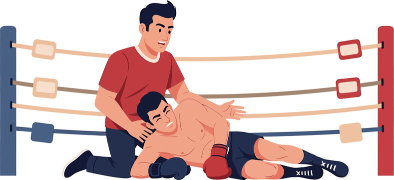 A moment of compassionate sportsmanship in the boxing ring as a supportive coach tends to a defeated fighter after an intense match