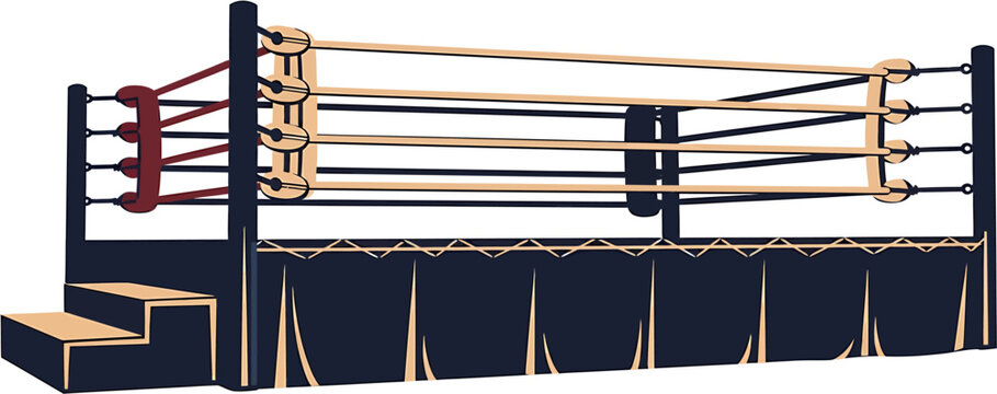 Cleanly illustrated boxing ring standing ready for a match, featuring classic ropes, corner posts, and accessible steps, symbolizing intense competition and the spirit of athletic combat