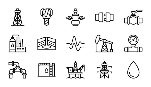 Oil and Gas Industry Icons Set: Drilling Rig, Pumpjack, Refinery, Pipeline, Gauge