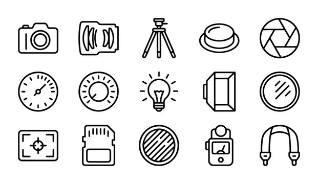 Photography Icons Set, Camera Gear Vector Graphics, Digital Imaging Tools, Creative Studio Equipment